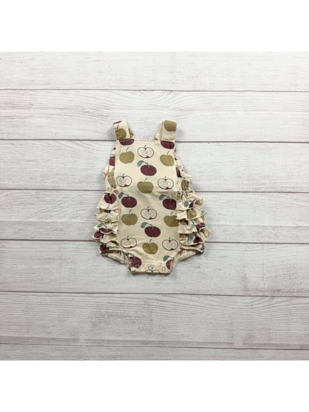 Kate Quinn Baby Ruffle Romper Apple Print Crossback Straps 0-3 Months